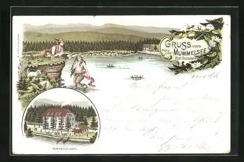 Lithographie Seebach, Mummelsee Sage mit Meerjungfrau, Mummelsee Hotel