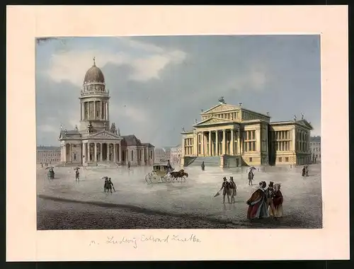 Lithographie Berlin, Gendarmenmarkt und Deutscher Dom, altkoloriert, nach Ludwig-Edward Lütke um 1840, 17 x 23.5cm