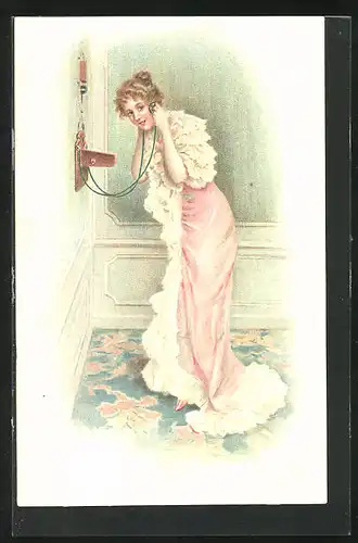 AK Junge Frau im rosafarbenen Kleid am Telefon