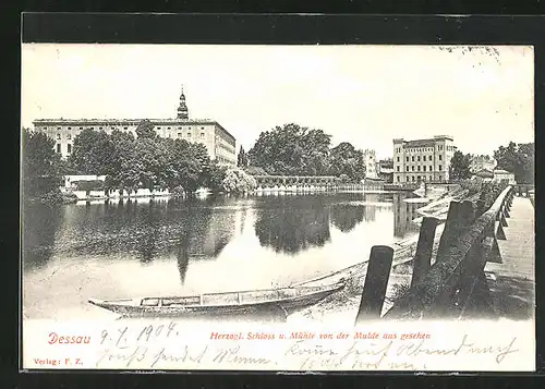 AK Dessau, Herzogliches Schloss und Mühle von der Mulde aus gesehen