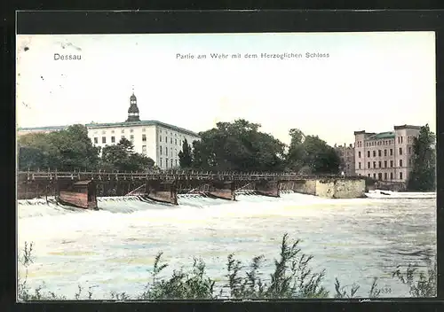 AK Dessau, Partie am Wehr mit dem Herzoglichen Schloss