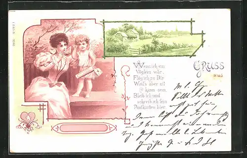 Lithographie Amor lauscht dem Fräulein, Ansichtskartengeschichte