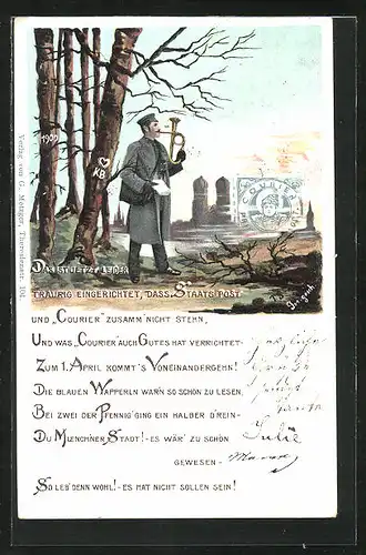 Künstler-AK Staats-Post und Courier stehen nicht zusammen, Postbote stösst ins Horn, Private Stadtpost geht unter