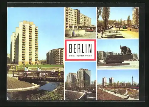 AK Berlin, moderne Architektur, Ernst-Thälmann-Park, am Goldfischteich, Brunnen in der Franz-Dahlem-Strasse