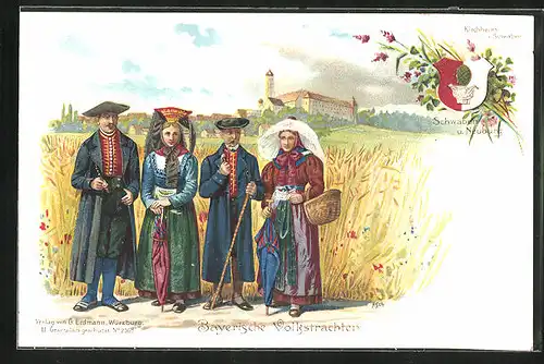 Lithographie Männer und Frauen in bayerischer Tracht