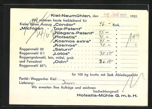 AK Kiel-Neumühlen, Reklame für Kieler Kaiser Auszug Condor, Holsatia-Mühle GmbH