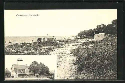 AK Hohwacht, Strand mit Badegästen und Restaurant