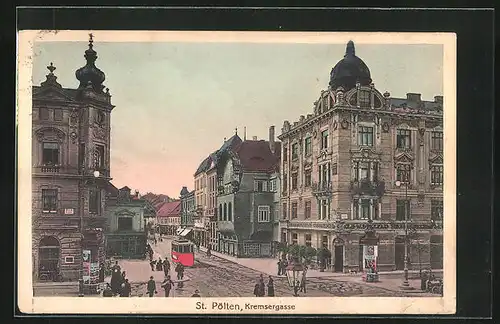 AK St. Pölten, Kremsergasse mit Restaurant Kaiserkrone und Strassenbahn