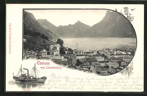 AK Ebensee, Dampfer mit Blick auf die Ortschaft vom Calvarienberg
