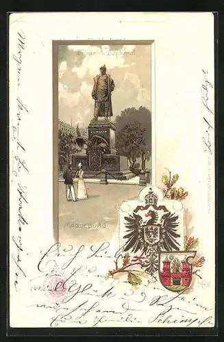 Passepartout-Lithographie Magdeburg, Bismarck Denkmal, Wappen