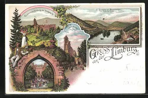 Lithographie Limburg b. Bad Dürkheim, Klosterruine, Durchblick nach der Krypta, Stempel Private Stadtpost Mannheim