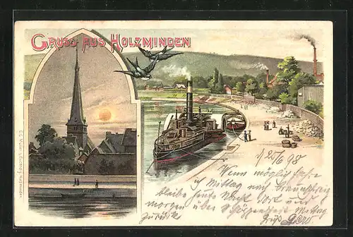 Lithographie Holzminden, Kirchturm und Dampfer an Anlegestelle