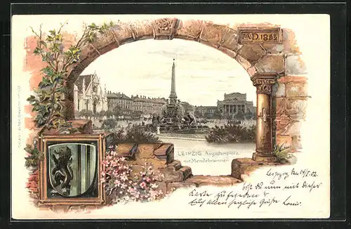 Passepartout-Lithographie Leipzig, Augustusplatz mit Mendebrunnen, Wappen