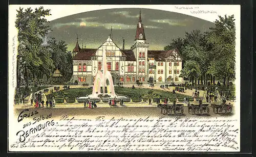 Lithographie Bernburg, Kurhaus mit Leuchtfontaine