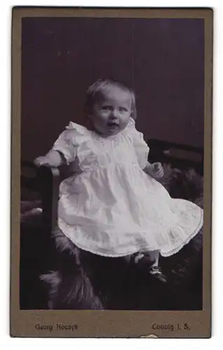 Fotografie Georg Koczyk, Coswig i. S., Portrait niedliches Kleinkind im weissen Kleidchen