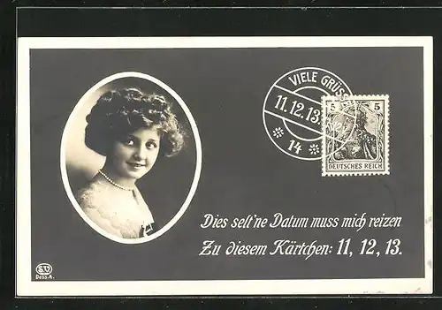 AK 11.12.1913, Junge Dame mit Perlenkette