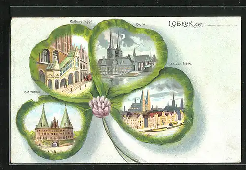 Passepartout-Lithographie Lübeck, Dom bei Mondschein, Rathaustreppe & Holstentor im Kleeblatt