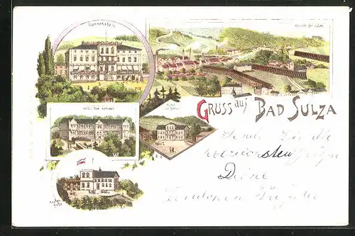 Lithographie Bad Sulza, Hotel Sonnenstein, Hotel zum Kurhaus, Hotel zur Börse