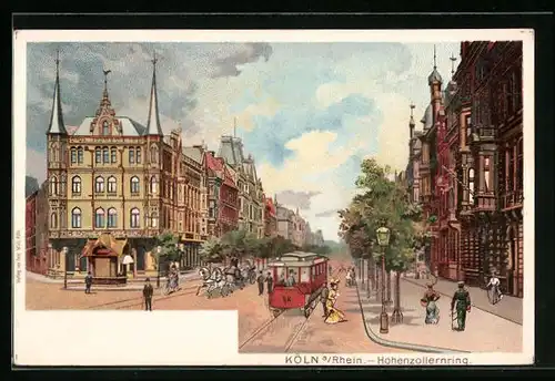 Lithographie Köln-Neustadt, Hohenzollernring, Strassenbahn