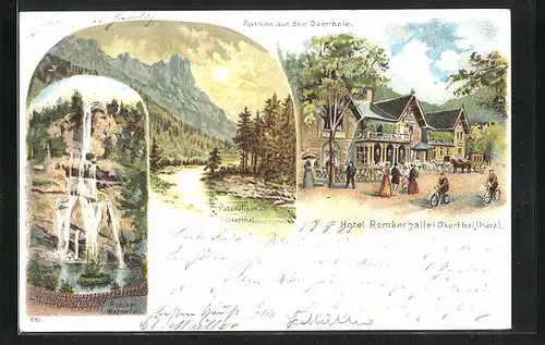 Lithographie Oker, Hotel Romkerhalle, Rabenklippe, Wasserfall