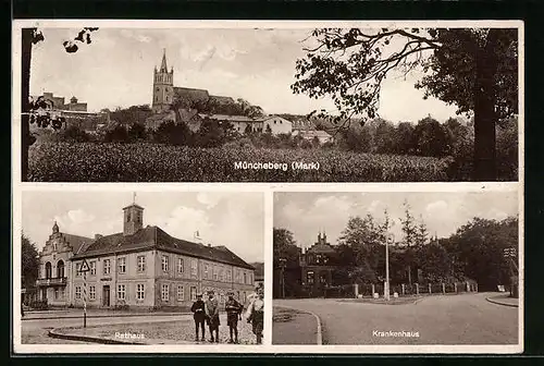 AK Müncheberg, Krankenhaus und Rathaus mit jungen Burschen