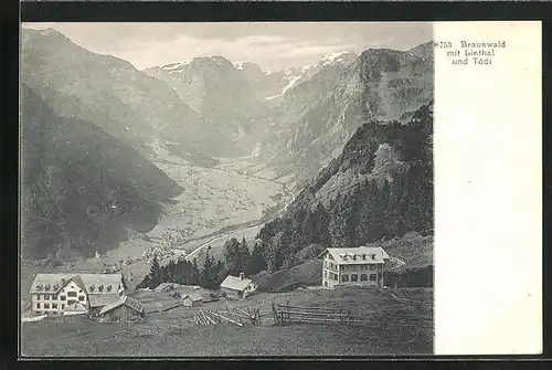 AK Braunwald, Ortsansicht mit Linthal und Tödi