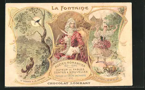 AK Chocolat Lombart, Dichter La Fontaine mit Schreibfeder, le Renard & le Corbeau, la Laitiére & le Pot-au-Lait