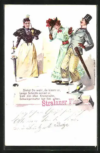 Lithographie frauenfeindlicher Humor, Schwiegermutter beobachtet Tochter und Schwiegersohn, Stralauer Fischzug