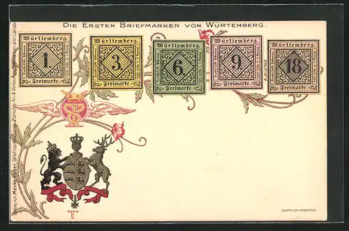 Lithographie Würtemberg, Briefmarken & Wappen