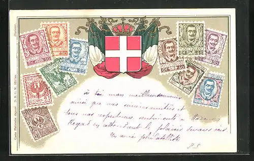 Präge-AK Italien, Briefmarken, Wappen und Fahne