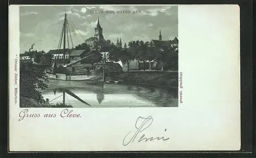 Mondschein-Lithographie Cleve, Panorama vom Hafen aus