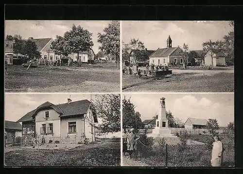 AK Brístany, Einheimische mit Fahrrad, am Brunnen und Denkmal