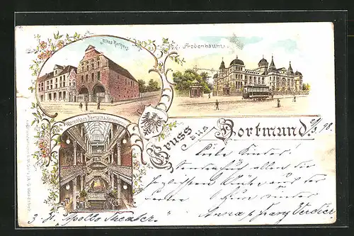 Lithographie Dortmund, Warenhaus Biermann & Heinemann, Altes Rathaus, Fredenbaum mit Strassenbahn