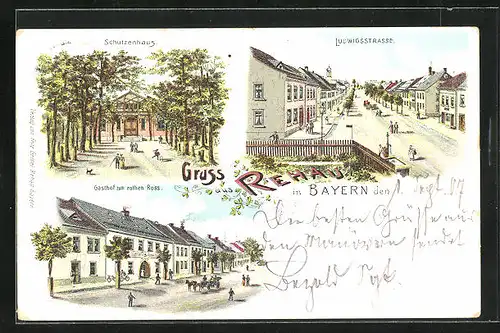 Lithographie Rehau i. B., Gasthof zum rothen Ross, Ludwigsstrasse