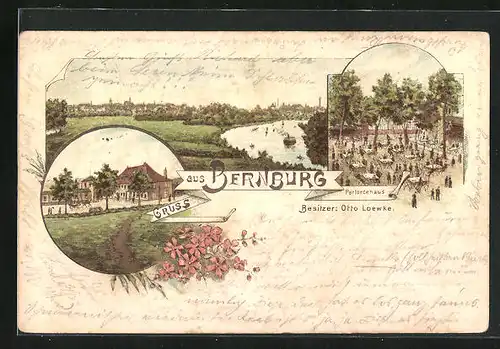 Lithographie Bernburg, Hotel Parforcehaus, Ortspartie, Teilansicht