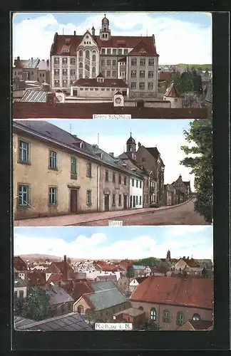 AK Rehau i. B., Neues Schulhaus, Markt, Panorama