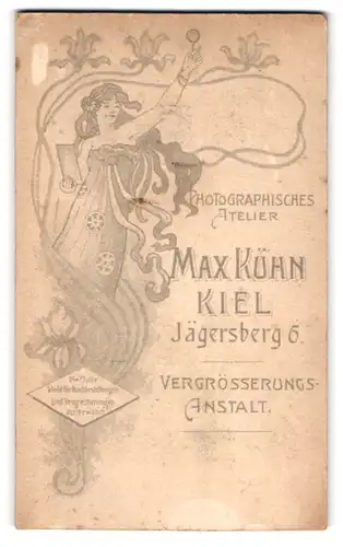 Fotografie Max Kühn, Kiel, Jägersberg 6, Jugendstil-Dame und florale Verzierungen, Rückseitig Mädchen & Knabe