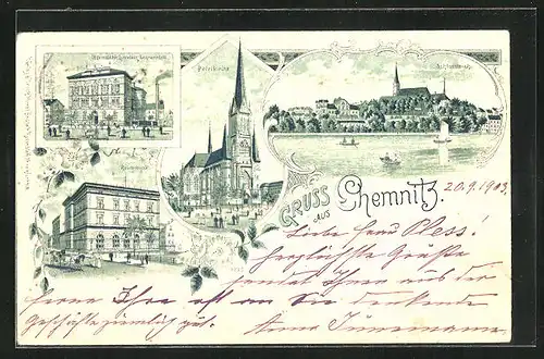 Lithographie Chemnitz, Petrikirche, Schlossteich, Reichsbank