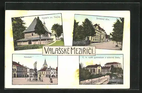 AK Val. Mezirící, Kostelík sv. Trojice, Sokolský dum, Námestí