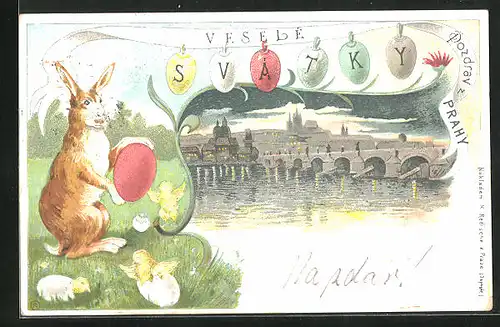 Lithographie Prag / Praha, Brücke, Osterhase und Küken