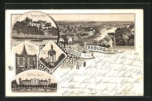 Lithographie Bernburg, Herzogliches Schloss, Carls-Platz und Kaserne, Krieger-Denkmal