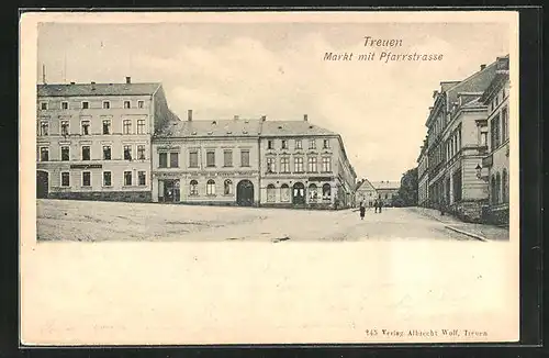 AK Treuen, Hotel zum Löwen am Markt mit Pfarrstrasse