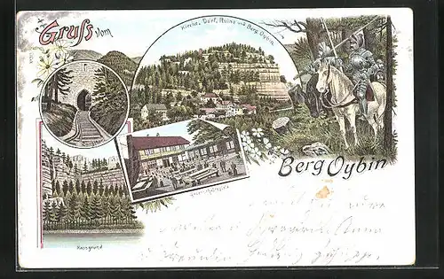 Lithographie Oybin, Kirche, Dorf und Ruine Burg Oybin, Burgtor, Ritter