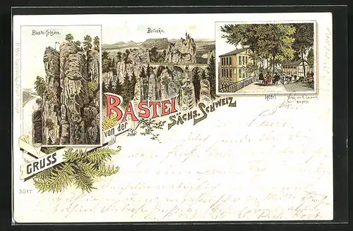 Lithographie Bastei /Sächs. Schweiz. Hotel, Brücke, Basteifelsen