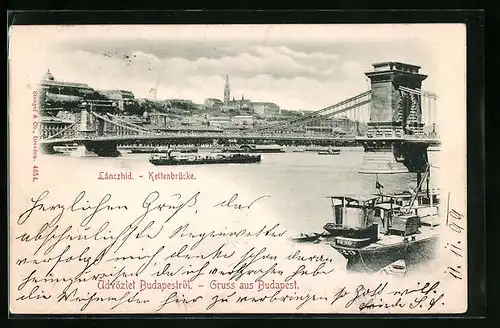 Relief-AK Budapest, Lánczhid, Kettenbrücke über die Donau
