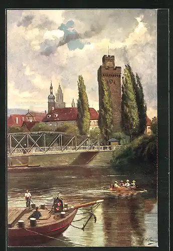 Künstler-AK Heinrich Hoffmann: Heilbronn, Partie am Neckar mit dem Götzenturm