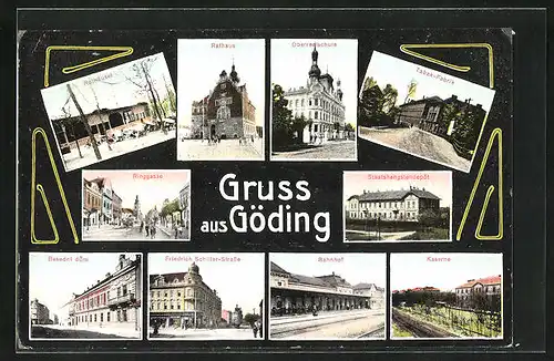 AK Göding / Hodonin, Tabak-Fabrik, Oberrealschule, Bahnhof & Kaserne