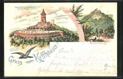 Lithographie Kyffhäuser, Kaiser Wilhelm-Denkmal, Rothenburg