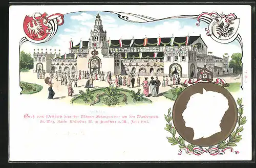 Präge-AK Frankfurt / Main, Wettstreit Deutscher Männer-Gesangsvereine 1903, Festhalle, Kaiserpaar, Wappen