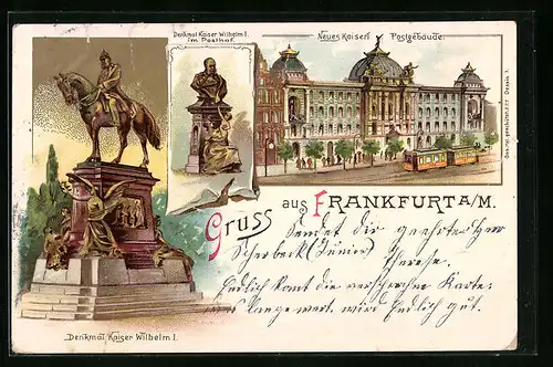 Lithographie Frankfurt a. M., Neues Kaiserliches Postgebäude, Denkmal Kaiser Wilhelm I. im Posthof